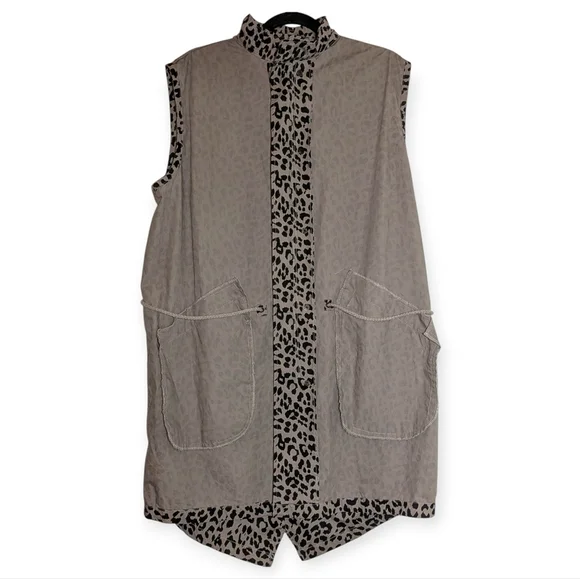 Ashley Mason Sleeveless Safari Vest | Tan Black Leopard Print Zip Front Large - Picture 7 of 16